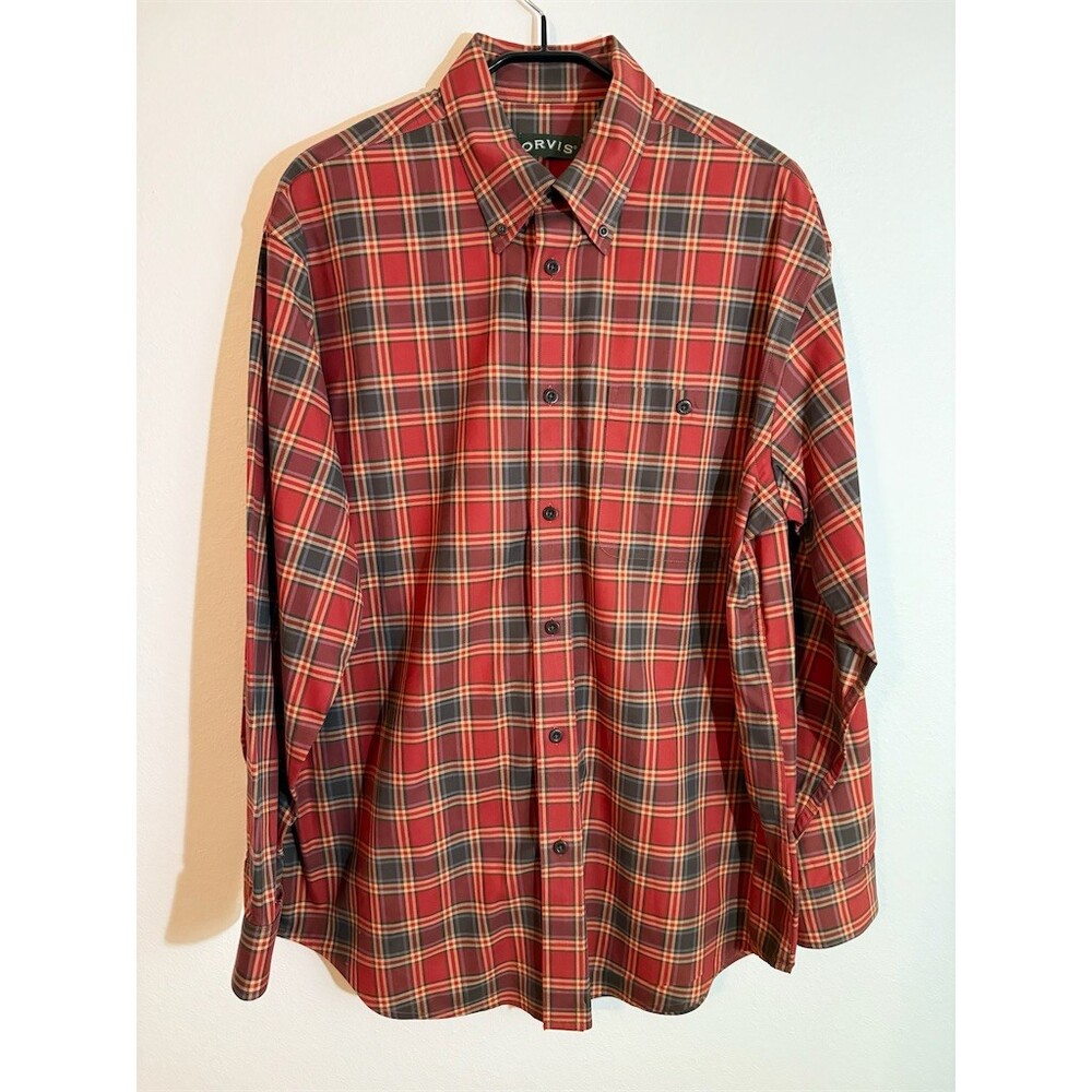 Orvis Shirt Mens XL Red Plaid Button-Down Long Sleeve Collared Button-Up